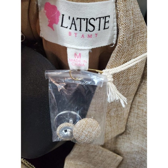 L' Atiste Beige Polyester Full Sleeve Notch Lapel Button Front Bodysuit Blazer M - Picture 8 of 11